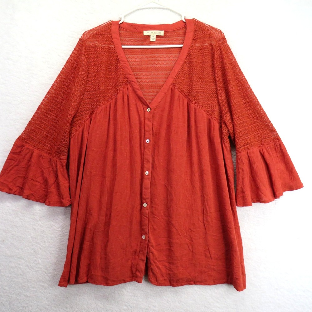 Farmers Market Shirt Womens 2XL Rust Orange Lace Bell Sleeve Button Front‎ Boho